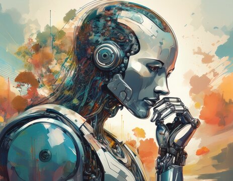 modern robot expresses thoughtful contemplative mood in this artful collage