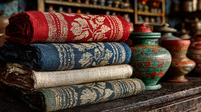 Textiles of India displayed in a market with colorful patterns and traditional pots