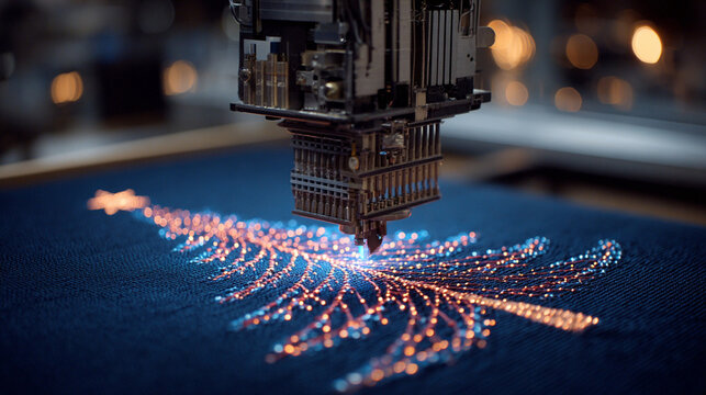 Robot embroiders a Christmas tree design on fabric during the holiday season