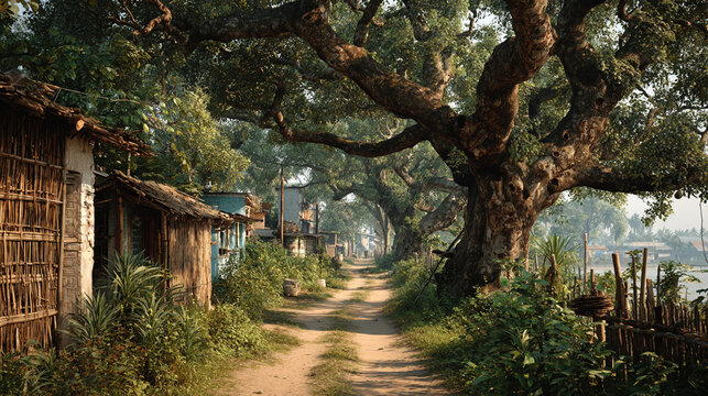 Bangladeshi village path lined with trees and houses in the afternoon light, showing daily life in a rural area