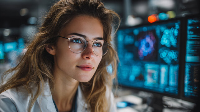 Young engineer working on technology project in modern lab during evening
