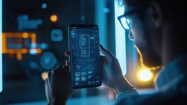 Man Using Futuristic Augmented Reality Smartphone Interface