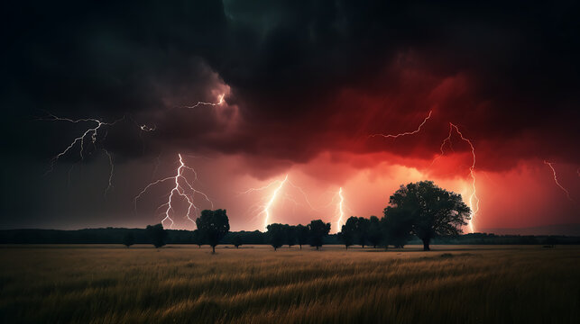 Dramatic storm with lightning over a rural field and trees