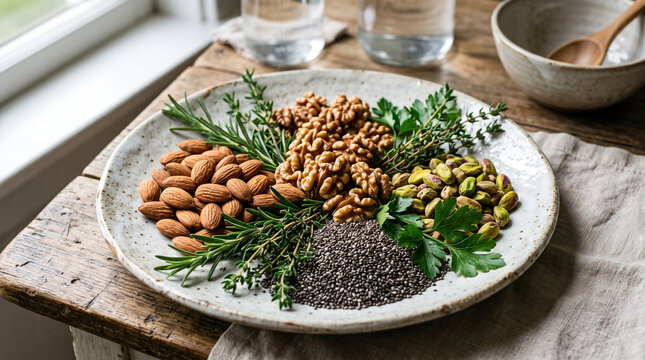 Assortment of healthy raw nuts chia seeds and fresh herbs served on ceramic platter on rustic wooden table background