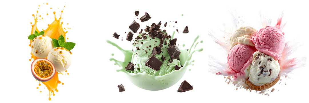 Dynamic ice cream compositions: tropical, mint chocolate chip, and mixed scoops with splashes, isolated on transparent.