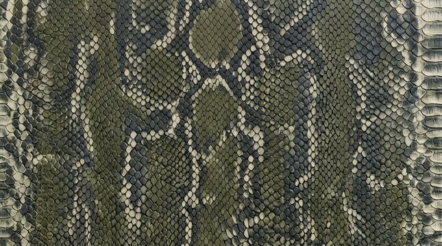Natural python snake skin background with intricate green and black scale patterns for wild animal textures and reptile leather designs