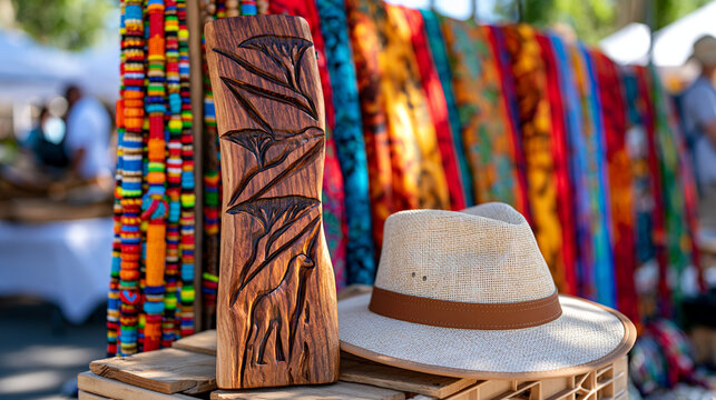 Carved wooden safari sign leans against a colorful spice market stall, beaded decorations hanging beside vivid fabric bolts, safari hat resting on a crate, the object bridging wilderness guiding cul