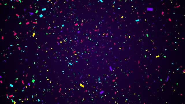 Confetti particles fall across a dark purple background in a festive celebration motion animation ideal for holiday event intros