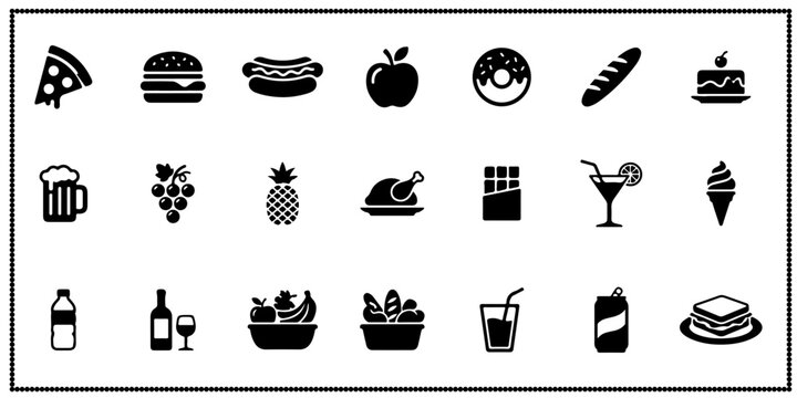 Food and beverage icons set showing fast food snacks desserts fruits drinks and culinary products.
