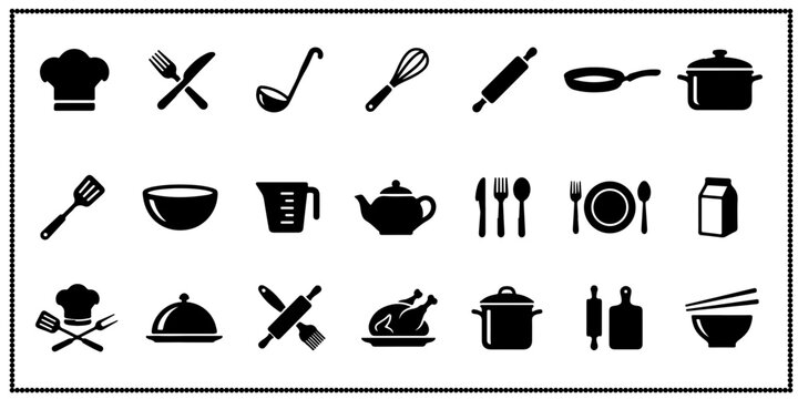 Kitchenware icons set featuring various cooking utensils cookware and culinary symbols in black style.