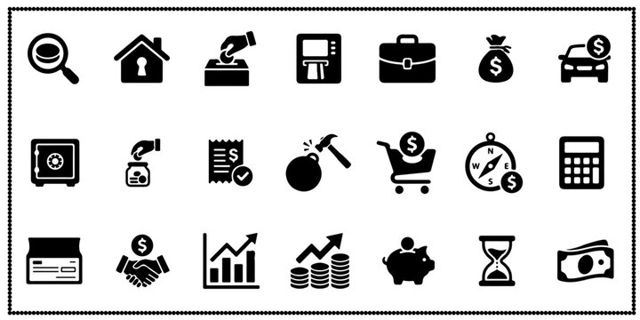 Finance and business icons set including banking wealth management commerce and investment symbols.