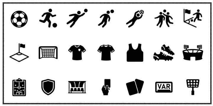 Soccer football sports icons set featuring players and stadium equipment for tournament branding use.