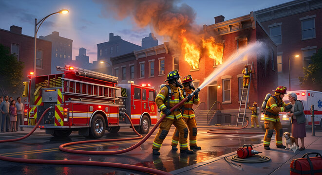 Fire in London City Street at Night with Emergency Fire Truck, Smoke, Traffic and Urban Buildings in the Background