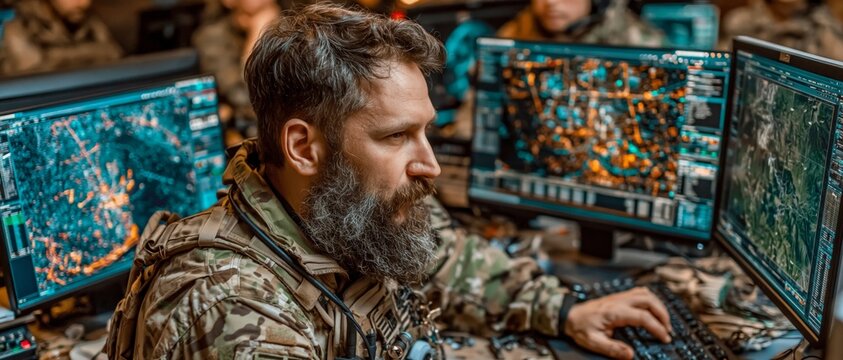 Military operator analyzing tactical maps on multiple screens for defense monitoring background.