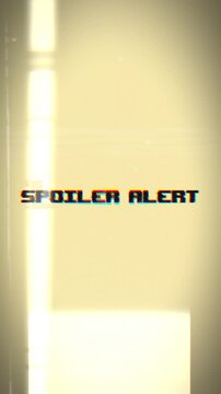 Spoiler alert text animation with retro VHS distortion, film grain, scan lines, flickering light, chromatic aberration, and warm vintage film effects.