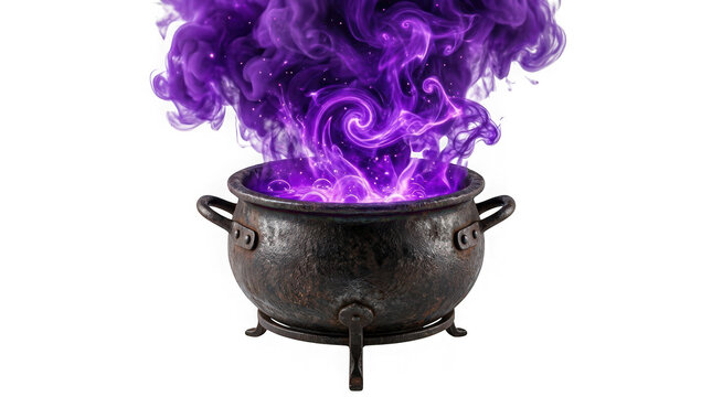 Cast iron witch cauldron with bubbling magical purple smoke isolated on transparent background