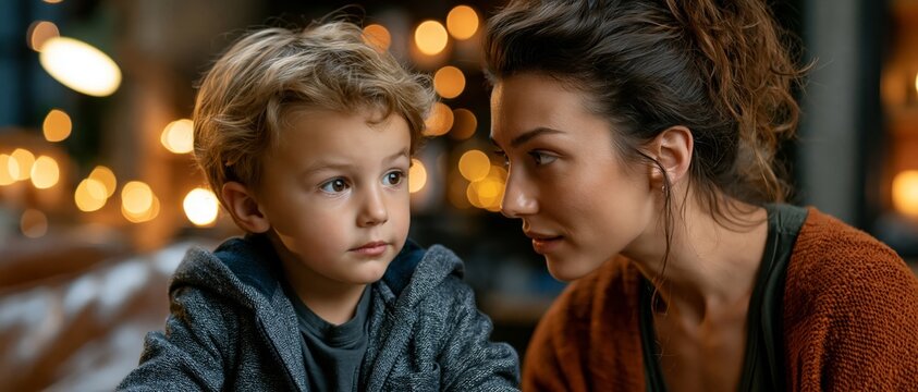 Serious mother talking to young son against warm background for family storytelling.