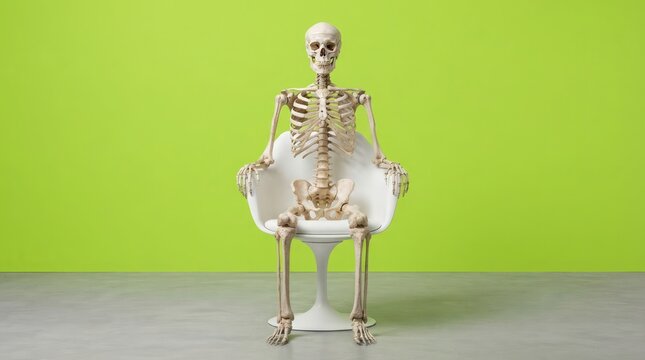 A human anatomical skeleton sits perfectly posed in a white modern chair against a vibrant lime green background for medical education display