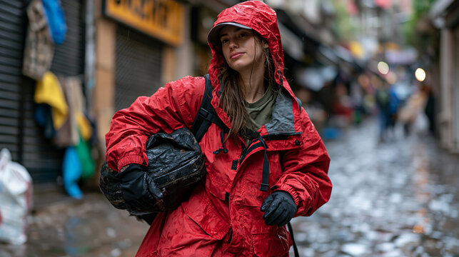 Field zoologist in rain gear strides alone down glistening cobbled lane past shuttered storefronts clutching specimen case, student athlete pressure visible in exhausted but resolute posture, single