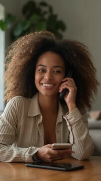 Portrait of a cheerful young woman with curly hair, smiling and talking on her smartphone while holding another device. Relaxed home environment, natural light, positive mood.