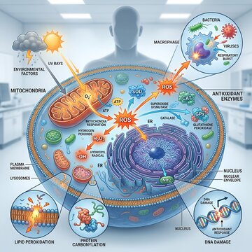 Cellular Mechanism of Reactive Oxygen Species ROS Production and Antioxidant Defense Infographic