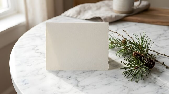 Blank white greeting card placed on marble table with evergreen pine branch greeting stationery evergreen invitation christmas minimalist template