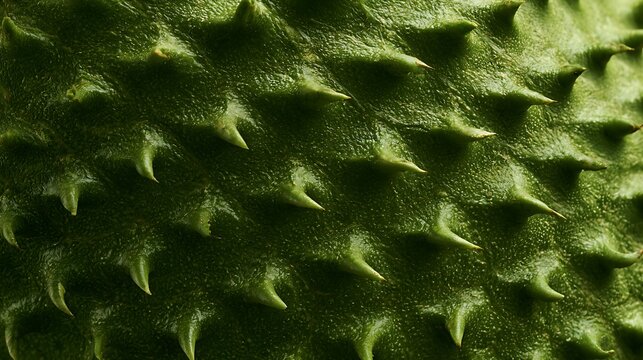 Macro photography of green spiky soursop fruit skin texture.