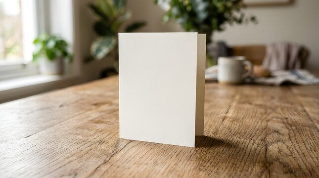 Blank white paper card standing on a rustic wooden table in a home office setting with stationery invitation template interior workspace background creative