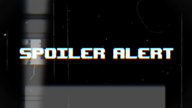 Spoiler Alert Glitch Text on Retro VHS Screen. Distorted Warning Animation with Film Grain and Chromatic Aberration.