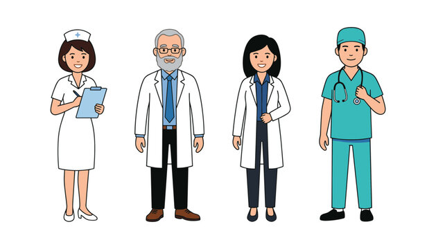 Medical Team Character Vector Set Featuring Doctors, Nurses, and Surgeons in Uniform for Healthcare, Hospital, Clinic, and Professional Medical Website Designs