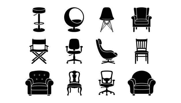 Modern and Vintage Chair Silhouette Icon Set Featuring Office Chairs Armchairs Barstools and Furniture Elements for Interior Design Layouts and Web Vectors