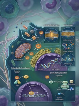 Cellular defense mechanisms involving antioxidants, mitochondrial function, and DNA protection illustration