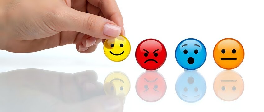 Hand holding yellow smiley face among red, blue and orange emoticons