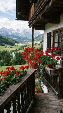 A traditional wooden balcony in an Austrian Alpine chalet adorned with vibrant red geraniums overlooking a lush, green mountain valley with snow-capped peaks in the distance.