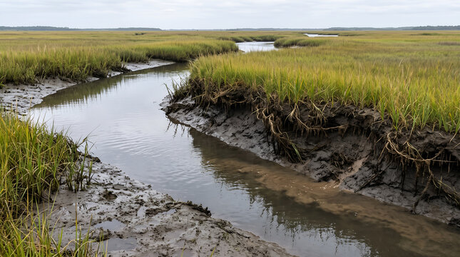 Tidal erosion undercuts a salt marsh bank and exposes sediment and roots, illustrating shoreline instability for wetland research, conservation planning, climate adaptation, and environmental communic
