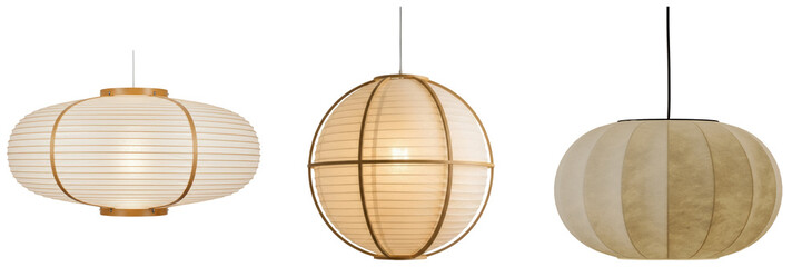 Three elegant Japanese-style paper lanterns and pendant lamps, showcasing serene and minimalist interior lighting. © DinhBien