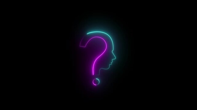 Neon outline of a human head profile forming a question mark on a black background silhouette