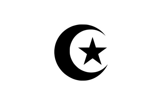 Crescent moon and star symbol representing Islam is isolated on a solid white background.