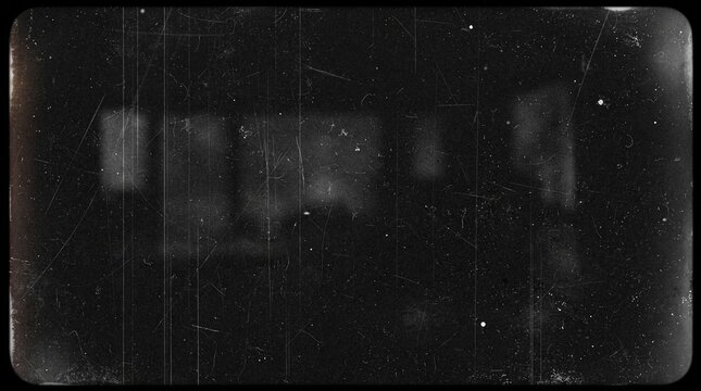 Textura de superposici&oacute;n de pel&iacute;cula vintage estilo retro en blanco y negro, con ara&ntilde;azos, polvo, desgaste, imperfecciones de celuloide y bordes redondeados.