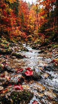 A serene mountain stream flowing through a lush, vibrant autumn forest with colorful fallen leaves resting on mossy rocks under a dense canopy of brilliant red and orange deciduous trees
