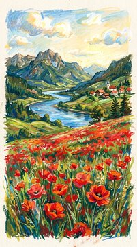 A serene watercolor landscape painting depicting a tranquil alpine lake with crystal clear turquoise water, a solitary wooden bench on the shore, and towering snow-capped mountain peaks.