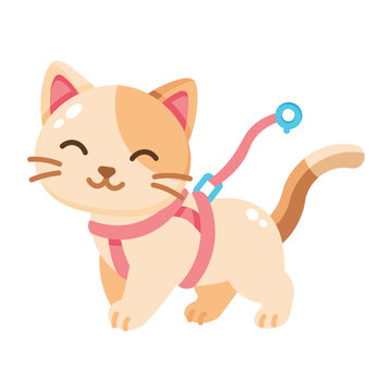 A kitten walking in side view with a pink collar.