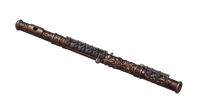 Ornate Antique Flute Crafted with Intricate Floral Engravings and Metallic Texture Isolated on a Clean White Studio Background