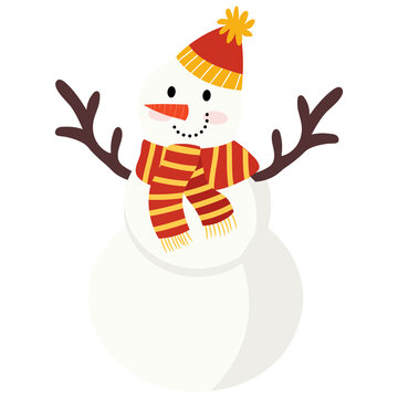 Cute winter snowman with carrot nose branch arms and striped scarf vector illustration