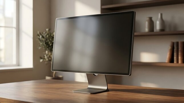 Desktop computer monitor with a dark screen on a wooden desk in a bright room with shelves and plants