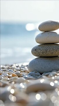 Peaceful beach scene with rocks stacked meticulously on the shoreline.