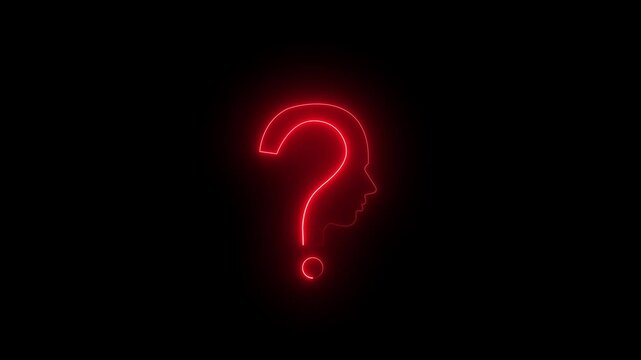 Red neon question mark in the shape of a human head profile on black background silhouette