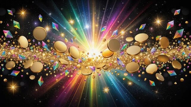 金色の円盤と虹色粒子が中心を旋回する縦型のループ動画