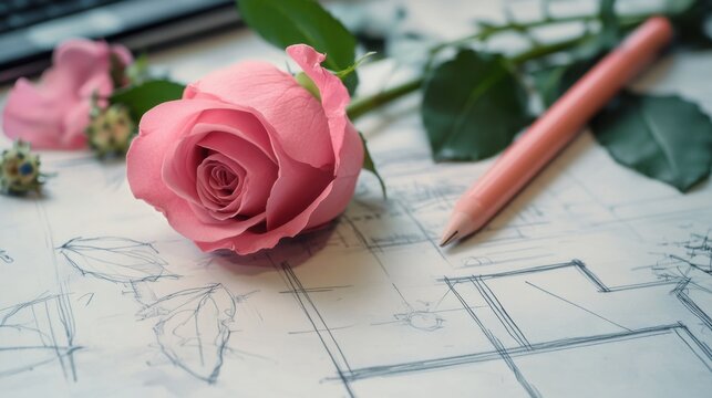 Pink Rose and Pencil on Architectural Blueprints