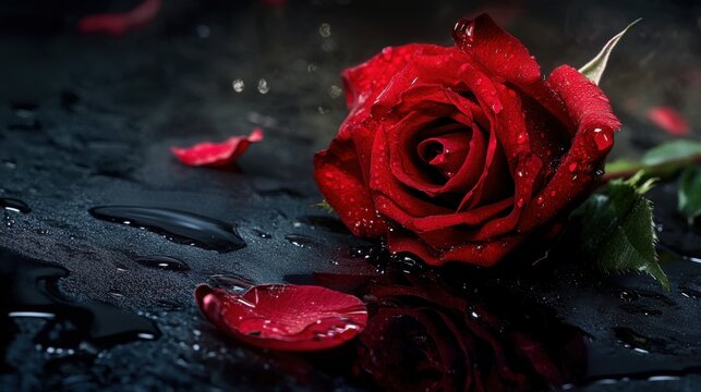 Beautiful Red Rose with Water Droplets on Dark Background